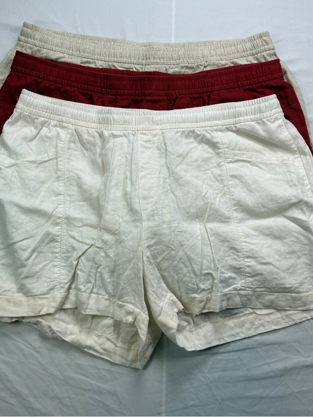 Old Navy High-Waist Linen Shorts Trio in White, Rust/Redish, and Tan/Cream/Khaki